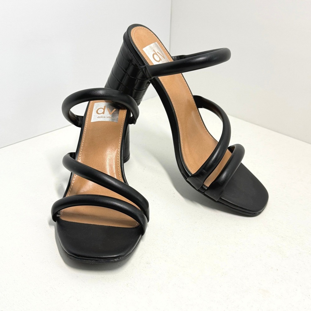DV Dolce Vita Black Strappy Block Heel Sandals Croc Embossed Square Toe Size 6.5